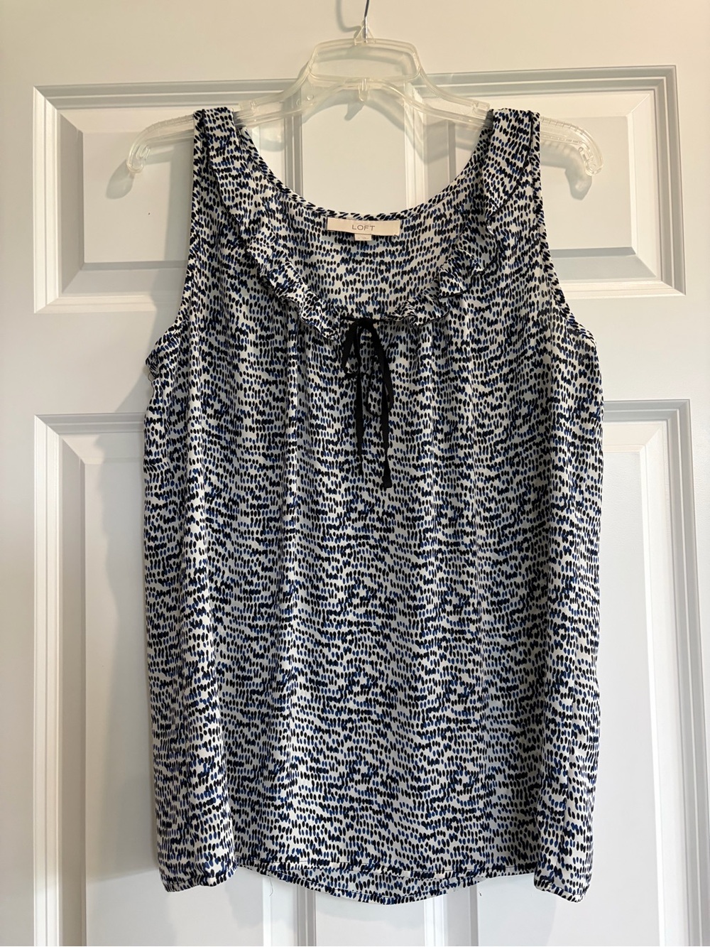 LOFT Navy & White Patterned Ruffle Tie Tank